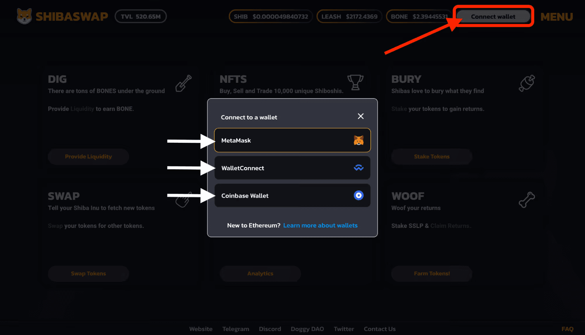SHIBASWAP Wallet Options